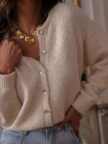Elegant Solid Color Fluffy Knit Cardigan, Minimalist Ribbed Knit Button Long Sleeve Top, Fashionable Versatile Comfortable Jacket, Suitable For Autumn/Winter Wear - Beige - View 5