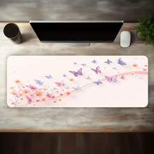 Mouse Pad Grande para Games com um Design Artístico Com Borboletas Roxas Delicadas E Flores - Visão 3