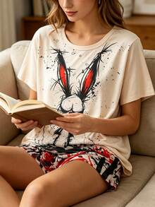 2-Piece Set Cool Short Sleeve Outfit, Ink Wash Graffiti Rabbit Print, Women's Pajama Set, 2-Piece Casual Crew Neck Pullover Top And Shorts, Suitable For All Seasons, Home Wear, Comfortable And Loose - Multicolor - View 5
