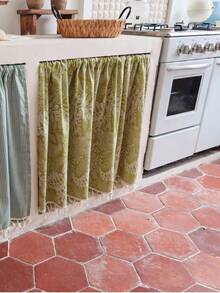 1pc Olive Green White Leaf Print Kitchen Cabinet Curtain, 100% Polyester Fabric With White Tassel Trim, Ruffle Rod Pocket Sink Skirt Curtain, Open Shelf Dust-Proof Privacy Cover, French Country Home Decor (Rod Not Included) - Olive Green - View 3