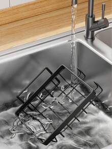 Drill-Free, Self-Adhesive Draining Storage Rack Suitable For Kitchen Sinks And Bathrooms. It Holds Cleaning Sponges, Cloths, And Soap, While Side Hooks Allow For Hanging Brushes And Peelers-Or Bathroom Items Like Hair Ties And Bath Poufs. - Black - View 3
