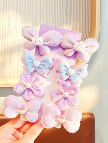 Juego de 8 piezas de pinzas para el cabello con lazo de tela color lavanda púrpura, pinzas para el cabello con diseños de conejo de dibujos animados, corazón, mariposa, perla y flor, accesorios para el cabello de color macaron dulce para niñas - Multicolor - Ver 5
