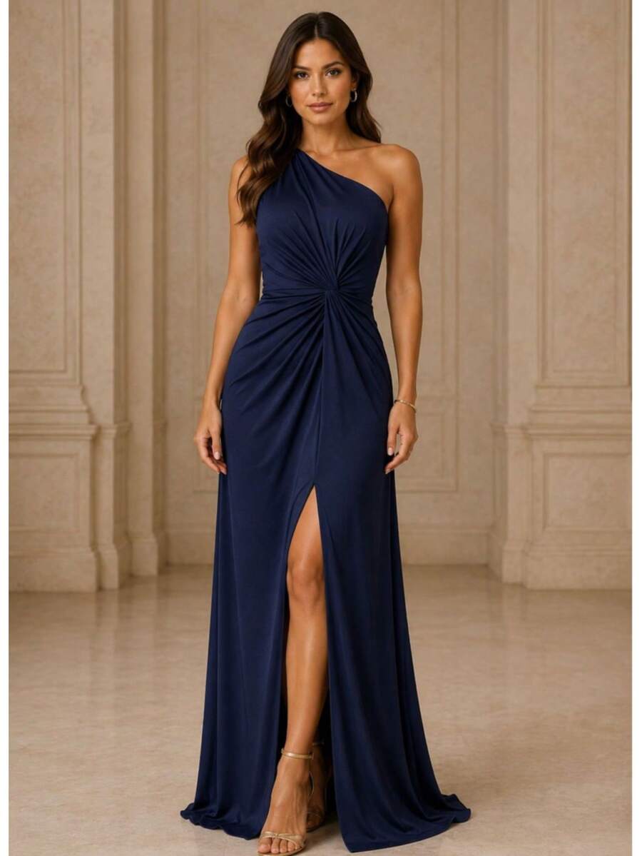 Bridesmaid Dress Guests Promotion Knot Olive Green Fuchsia Black Lilac Terracotta Emerald Royal Red Marsala Navy Without Shine - 藏蓝色 - 查看 1
