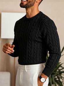 Men's Autumn/Winter Casual Fashion Cable Knit Crew Neck Long Sleeve Sweater, Suitable For Business Activities And Daily Wear - Black - View 5