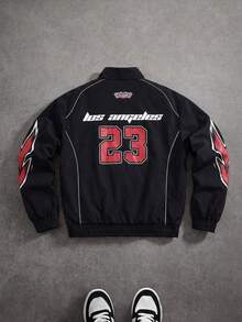 Men's Zipper Letter Print Casual Long Sleeve Jacket, Racing Jacket For Outdoor, Racing Element Long Sleeve Jacket, Suitable For Autumn/Winter - Black - View 8