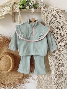 2Pcs/Set Baby Girl Soft Home Outfit, Lace Half-Zip Top And Bow Flare Pants Set - Green - View 9