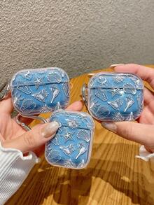 1件貝殼與海星全印花透明耳機保護殼，附配套掛鉤，夏季海灘清新氛圍，理想假期禮物，適用於無線耳機盒、耳機，相容於無線耳機 Pro (第2代)、無線耳機 3、無線耳機 Pro、無線耳機 1/2、無線耳機 4 藍牙耳機配件，快速出貨 - 彩色 - 查看 4