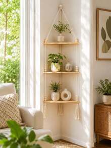 1pc Bohemian Style Handmade Woven Beige Rope Hanging Triangle Shelf, Bedroom Bathroom Office Living Room Decor Storage Rack, Home Wall Decoration, Easy Installation, Suitable For All Seasons, Birthday Graduation Gift, Christmas Halloween Gift - Beige - View 4