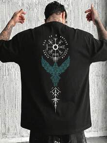 vintageCamiseta informal de verano para hombre de la marca FRACTYR, con estampado de runas de la mitología nórdica, corte holgado, cuello redondo y manga corta.summer tops - Negro - Ver 1