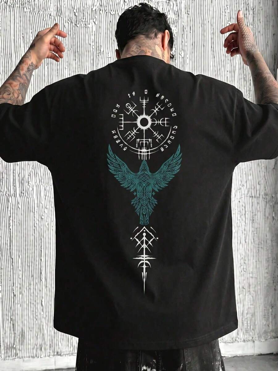 vintageCamiseta informal de verano para hombre de la marca FRACTYR, con estampado de runas de la mitología nórdica, corte holgado, cuello redondo y manga corta.summer tops - Negro - Ver 1