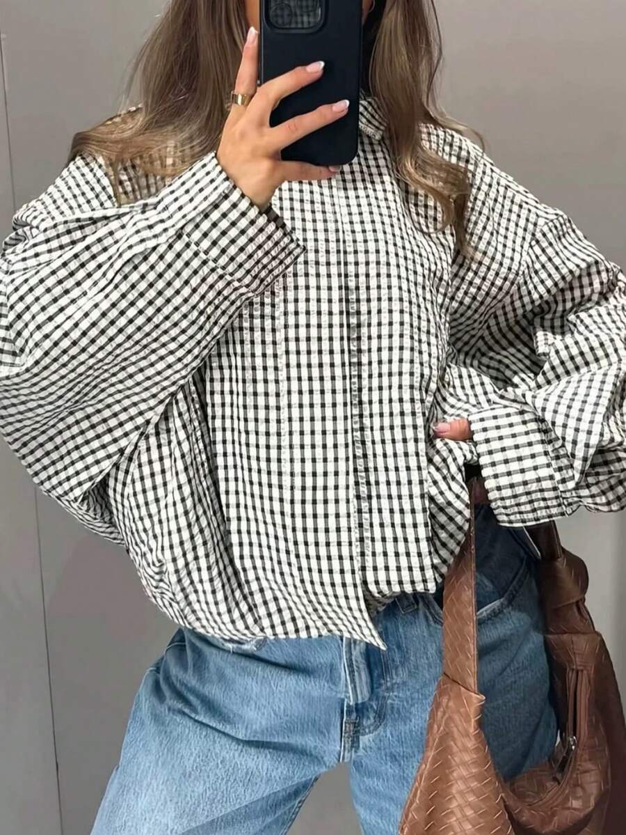 1pc Women's Fashion Autumn/Winter Loose Plaid Stand Collar Regular Jacket