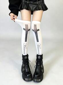 STAR RIVER SOCKS | 1雙白色卡通貓英文印花膝上襪 / 哥德字母十字圖案印花襪，純欲風白色絲綢辣妹龐克次文化過膝襪 Y2K - 彩色 - 查看 2