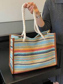 1 pieza Bolso de hombro tipo tote de paja tejida con diseño minimalista arcoíris, gran capacidad, adecuado para viajes, compras y vacaciones - Multicolor - Ver 4