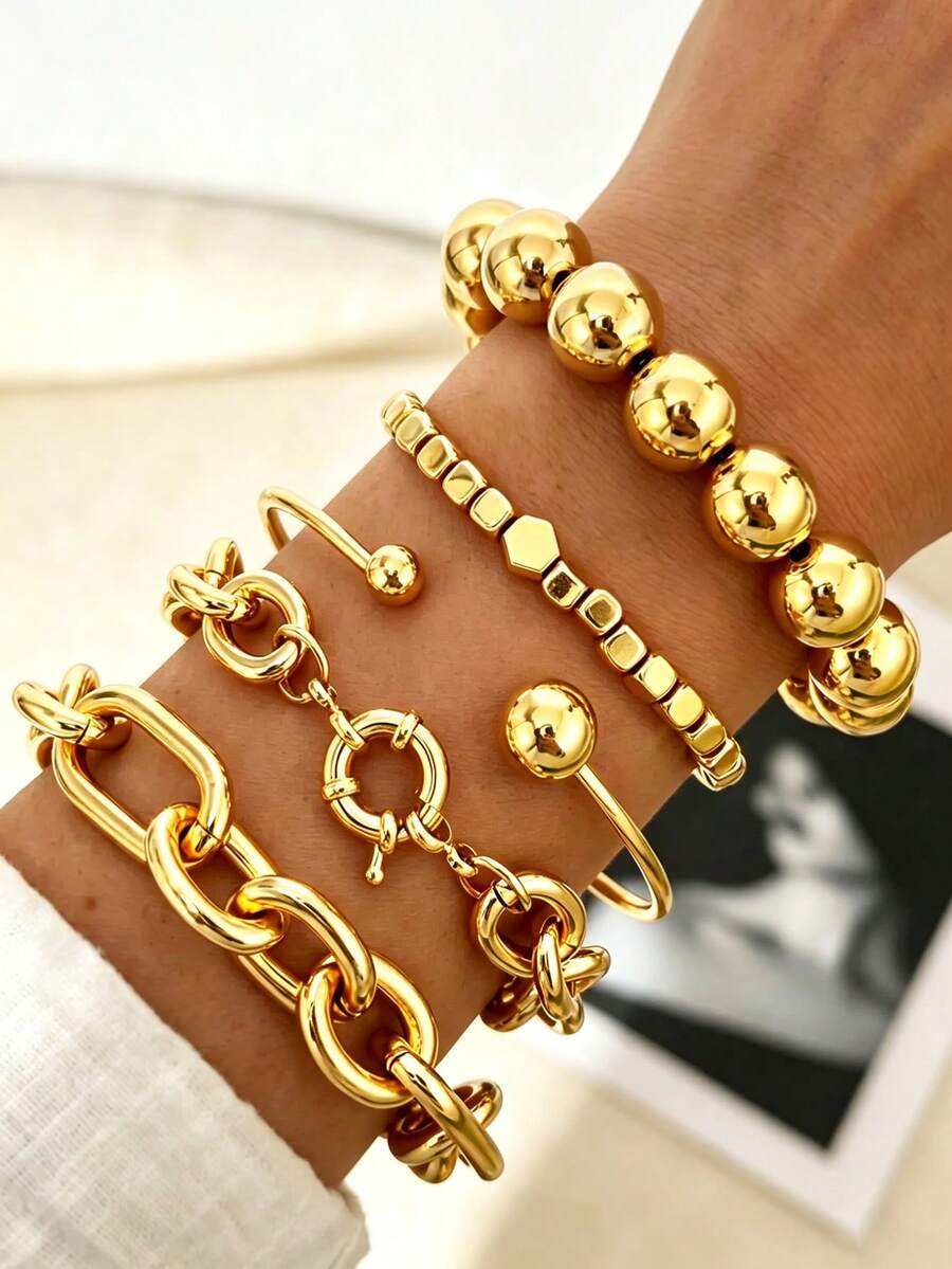 Set de 5 pulseras para mujer, diseño minimalista y exagerado de moda vintage con cadena gruesa y cuentas, pulseras CCB adecuadas para citas, vacaciones, uso diario, fiestas, regalo de vacaciones - Amarillo Oro - Ver 1