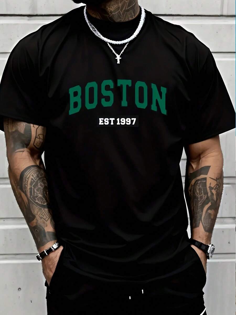 Men's Graphic Print Regular Shoulder T-Shirt - 黑色 - 查看 1