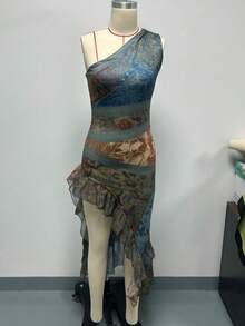 New 2026 Retro Style Dress With Mixed Print, Long Holiday Dress With Irregular Ruffle Hem European Style - أبيض عاجي - مشاهدة 4