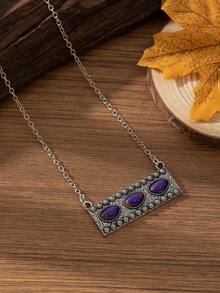 European And American Bohemian Style Women's Vintage Fashion Personalized Rectangular Multicolor Stone Necklace, Suitable For Spring And Summer Clothing Matching, Holidays And Other Occasions - Purple - View 6