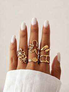 5pcs Stainless Steel 18K Gold Plated Summer Minimalist Chic Fashion Casual Style Geometric Gold Line Plumeria Oval Adjustable Open Ring Set, Suitable For Women's Daily, Holiday, Date, Vacation, Beach, Party Wear, Casual Jewelry Gift - Multicolor - View 1