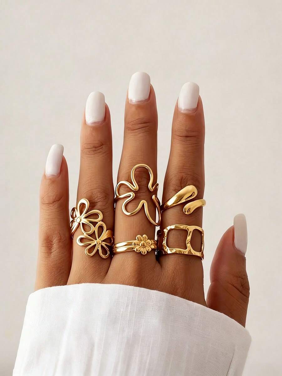 5pcs Stainless Steel 18K Gold Plated Summer Minimalist Chic Fashion Casual Style Geometric Gold Line Plumeria Oval Adjustable Open Ring Set, Suitable For Women's Daily, Holiday, Date, Vacation, Beach, Party Wear, Casual Jewelry Gift - Multicolor - View 1
