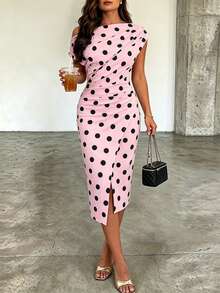 ChicMe Women's Polka Dot Print Ruched Bodycon Midi Dress, Elegant Wrap Front Slit Cocktail Party Dress - Baby Pink - View 5