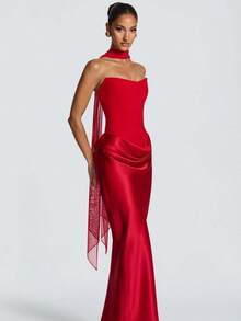 Women Satin Strapless Corset Maxi Dress, Detachable Choker Tie Sash Draped Waist Bodycon Mermaid Formal Evening GownSoft11147 - Red - View 3