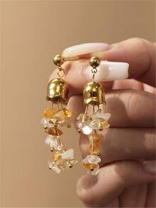 1 par de pendientes de piedra natural con campana dorada, estilo bohemio con borlas, joyería para mujer, adecuados para fiestas, viajes y uso diario - Multicolor - Ver 4