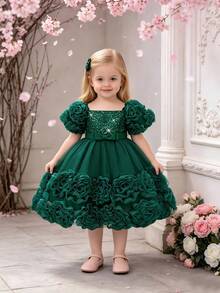 Baby Girls Sequin Cute Tutu Princess Dress For Birthday Party, Suitable For Banquet, Excluding Headband - Dark Green - View 5