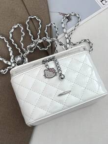 BEIKAMU 1pc Niche Design Rhombus Pattern Handheld Box Bag, New Season Lipstick Coin Purse, Elegant Chain Shoulder Crossbody Bag - White - View 6