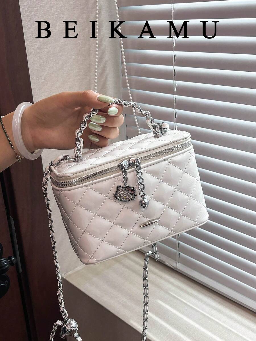 BEIKAMU 1pc Niche Design Rhombus Pattern Handheld Box Bag, New Season Lipstick Coin Purse, Elegant Chain Shoulder Crossbody Bag - White - View 1