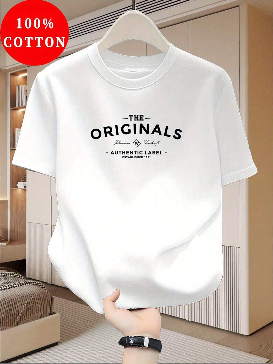 Hombres100%Algodón puro T Camisa,Transpirable y absorbente de sudor,Cuello redondo casual,Con estampado de letras,Adecuado para ropa de calle de verano. - Blanco - Ver 1