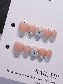 10pcs Handmade Press-On Nails, Short Almond Shape Nude To Gradient Dusty Blue 3D Floral Rhinestone Wearable Nails, Includes 1 Set Nail Art Tools, Fresh And Gentle Style, Suitable For Commute, Date, Daily Wear, All Seasons Reusable - Multicolor - View 9