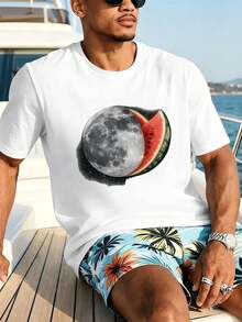 T-shirt da uomo con grafica Moon Watermelon, tessuto di alta qualità, vestibilità comoda, stile street hip-hop, traspirante. - Bianco - Visualizzare 1