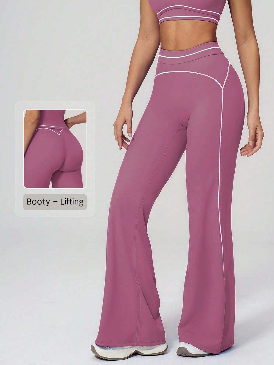 NcmRyu Women's 1pc Contrast White Stripe Butt-Lifting Slim Flare Pants - Purple - View 1