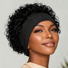 Peruca Cacheada Pixie Cut com Tiara, Peruca Preta Fofa de Cabelo Humano, Peruca Curta Feminina para Uso Diário e Feriados - Natural Black - Visão 3