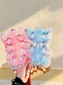 10pcs Light Blue Tulle Bow Hair Clips Set, Sequin Wings & Colorful Pom Pom Tassel Hair Clips, Fairy Princess Hair Accessories For Girls - Multicolor - View 6