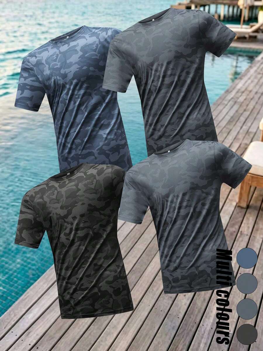 4 piezas de camisetas de manga corta con estampado de camuflaje para hombres, de tela de seda de hielo, para verano, baloncesto, correr, de manga media, deportivas - Multicolor - Ver 1