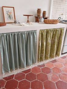 1pc Olive Green White Leaf Print Kitchen Cabinet Curtain, 100% Polyester Fabric With White Tassel Trim, Ruffle Rod Pocket Sink Skirt Curtain, Open Shelf Dust-Proof Privacy Cover, French Country Home Decor (Rod Not Included) - Olive Green - View 4