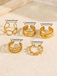 5pcs Stainless Steel 18K Gold Plated Summer Elegant Minimalist Fashion Elegant Geometric Gold Bead Oval Line Adjustable Open Ring Set Suitable For Women Daily Wear Holiday Date Vacation Shopping Travel Elegant Jewelry Gift - Multicolor - View 5