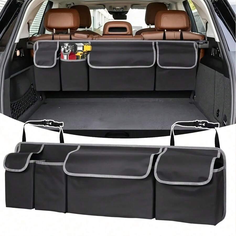 1pc Universal Car Seat Back Storage Bag With Large Capacity Oxford Cloth, Multi-Pocket Car Trunk Organizer, Multi-Function Storage Mesh Bag For Vehicle Organization - Black - View 1