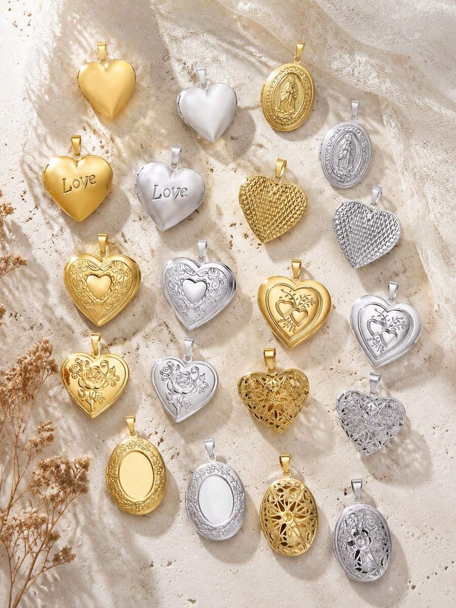 3pcs Fashion Stainless Steel 18K Gold Plated Heart Oval Portrait Relief Locket Pendant, Locket Photo Box With Flip Cover, DIY Unique Ideal Gift For Friends Birthday, Family, Mom/Grandma/Wife Anniversary Gift, Autumn Fashion, Casual, Vintage, Personalized, Daily Wear, Party, Mother's Day, Valentine's Day, Graduation, Wedding - Multicolor - View 1