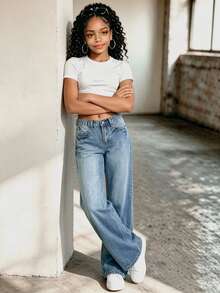 Quần Jeans Ống Rộng Thẳng Đơn Giản Màu Xanh Cổ Điển, Dáng Rộng Cho Các Bé Gái Tuổi Teen Và Các Bé Gái Tuổi Teen - Màu xanh lam - Xem 5