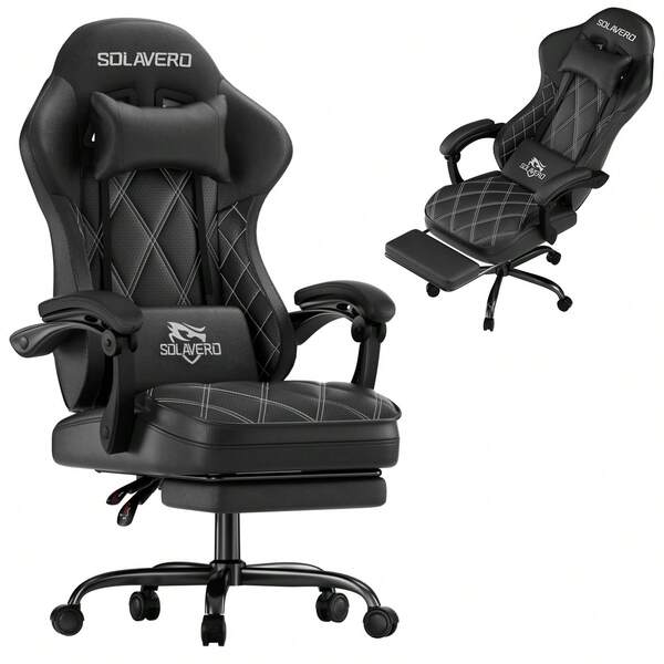 HLDIRECT Ergonomic Gaming Chair, 90°-135° Reclining Computer Office Chair, Wide Wingle-Free Seat, Linkage Armrests, Breathable PU Leather, Retractable Footrest, 360° Swivel Height Adjustable Game Desk Chair For Adults, Black