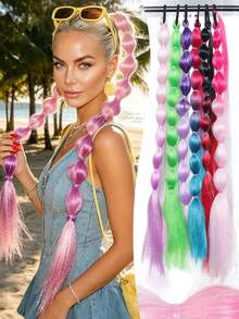 24 Inch Colorful Lantern Bubble Ponytail Wig, Heat-Resistant Synthetic Fiber, Elastic Band Fashion Braided Ponytail With Laser Line, Suitable For Women's Festival Events And Parties - Multicolor - View 2