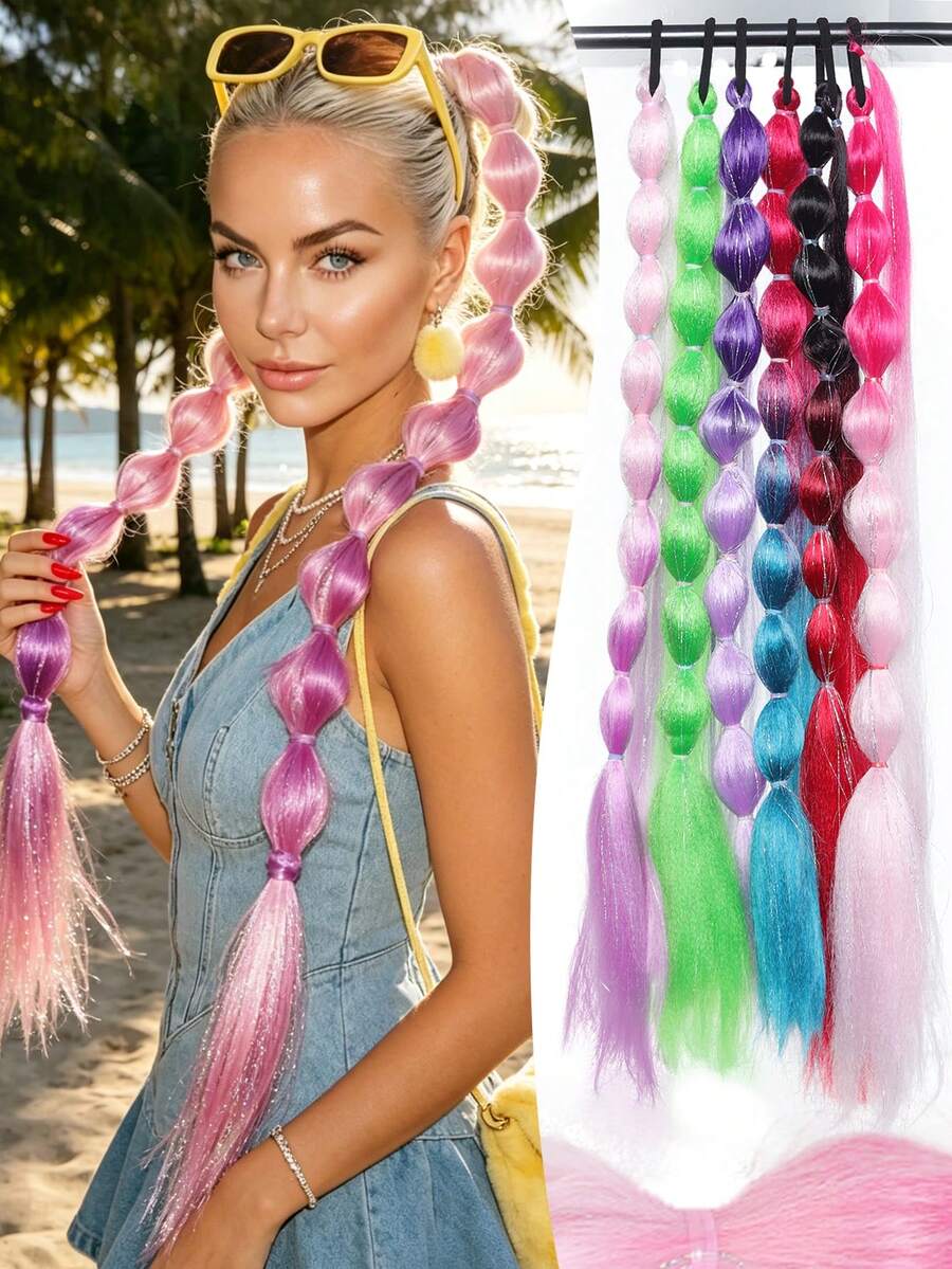 24 Inch Colorful Lantern Bubble Ponytail Wig, Heat-Resistant Synthetic Fiber, Elastic Band Fashion Braided Ponytail With Laser Line, Suitable For Women's Festival Events And Parties
