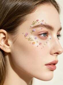 1 Set Macaron Colorful Ditsy Floral Face Decoration Stickers With Gradient Pink Transparent Semi-Circular Water Droplets, Thin Transparent Base With Self-Adhesive, Delicate Floral And Leaf Lines, Suitable For Forest Outdoor, Picnic Travel Photography, Spring Store Visits, Apply To Eyebrows, Eyes And Cheeks For Fresh Healing Dewy Face Glitter - Multicolor - View 2