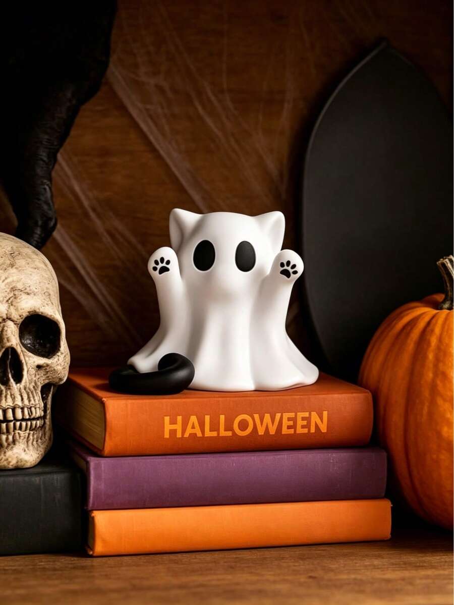 Halloween Ghost Statue Resin Cute Ghost Sculpture Halloween Table Decoration Small Mini Ghost Cat Statue Suitable For Home Office Holiday Desk Display Decoration - Ghost Cat - View 1