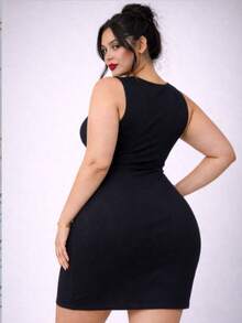 Women's Plus Size Ribbed Black V-Neck Fitted Elegant Dress With Elastane - 黑色的 - 查看 2