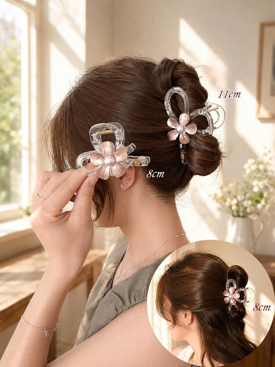 topshiny 1pc Elegant Transparent Flower Hair Claw Clip, Large Acetate Pearl Hair Clip, French Style Updo Hair Accessory For Women