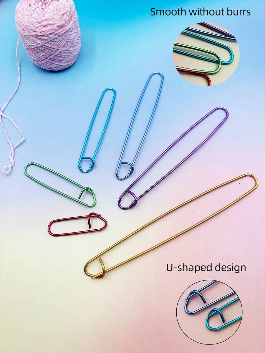 [6/12pcs]Colorful Aluminum Safety Pin Set, Large Knitting Needle Clips Covering 6cm-20cm In 6 Sizes, Lightweight Durable And Reusable. Suitable For Knitting Enthusiasts And Craft Creators, Can Fix Fabrics, Mark Stitches, Also Used For Clothing Sewing, Embroidery Making, Practical DIY Craft Supplies - Colored Aluminum Pins - View 1