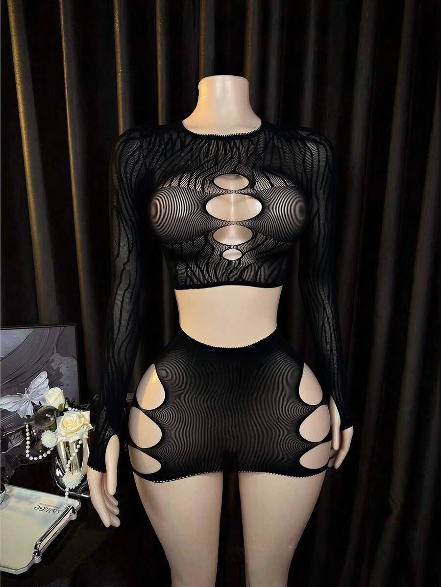 女款內衣睡衣套裝迷你洋裝睡裙 - 黑色 - 查看 1